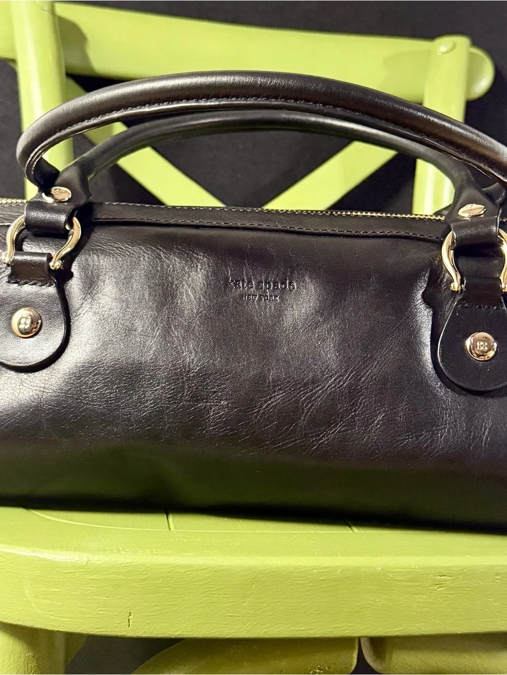 Kate Spade Black Leather East West Barrel Satchel Y2K